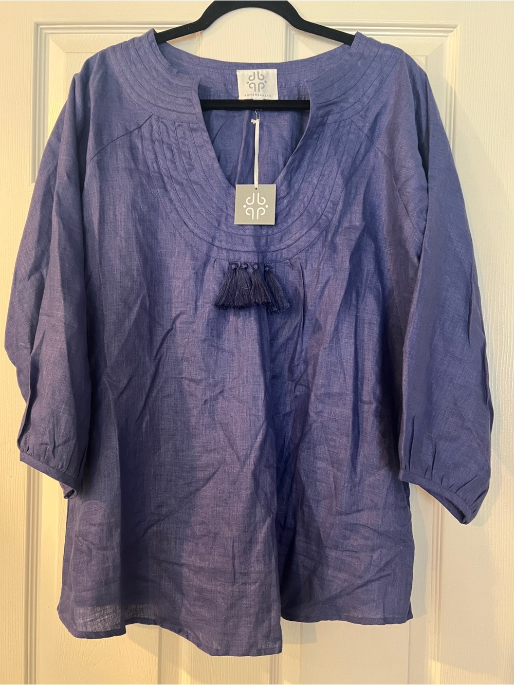 NWT Pomegranate Linen Womens Sapphire Blue Embellished Boho Tunic Top XL